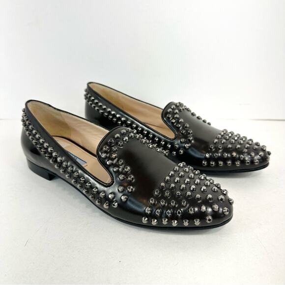Prada Black Leather Silver Studded Smoking Loafer flats Size 38 US Size 8 - Picture 2 of 10